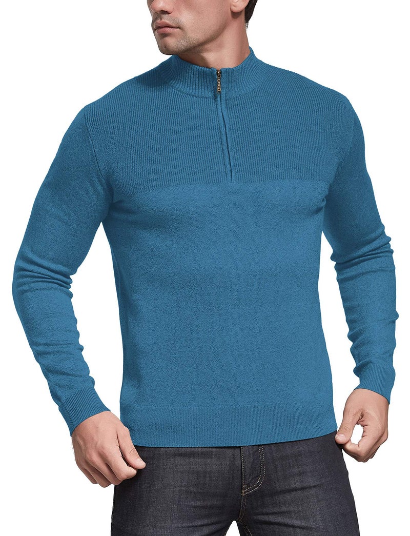 NITAGUT Mens Slim Fit Zip Up Mock Neck Polo Sweater Casual Long Sleeve Sweater and Pullover Sweaters with Ribbing Edge(Blue-M) - Image 4